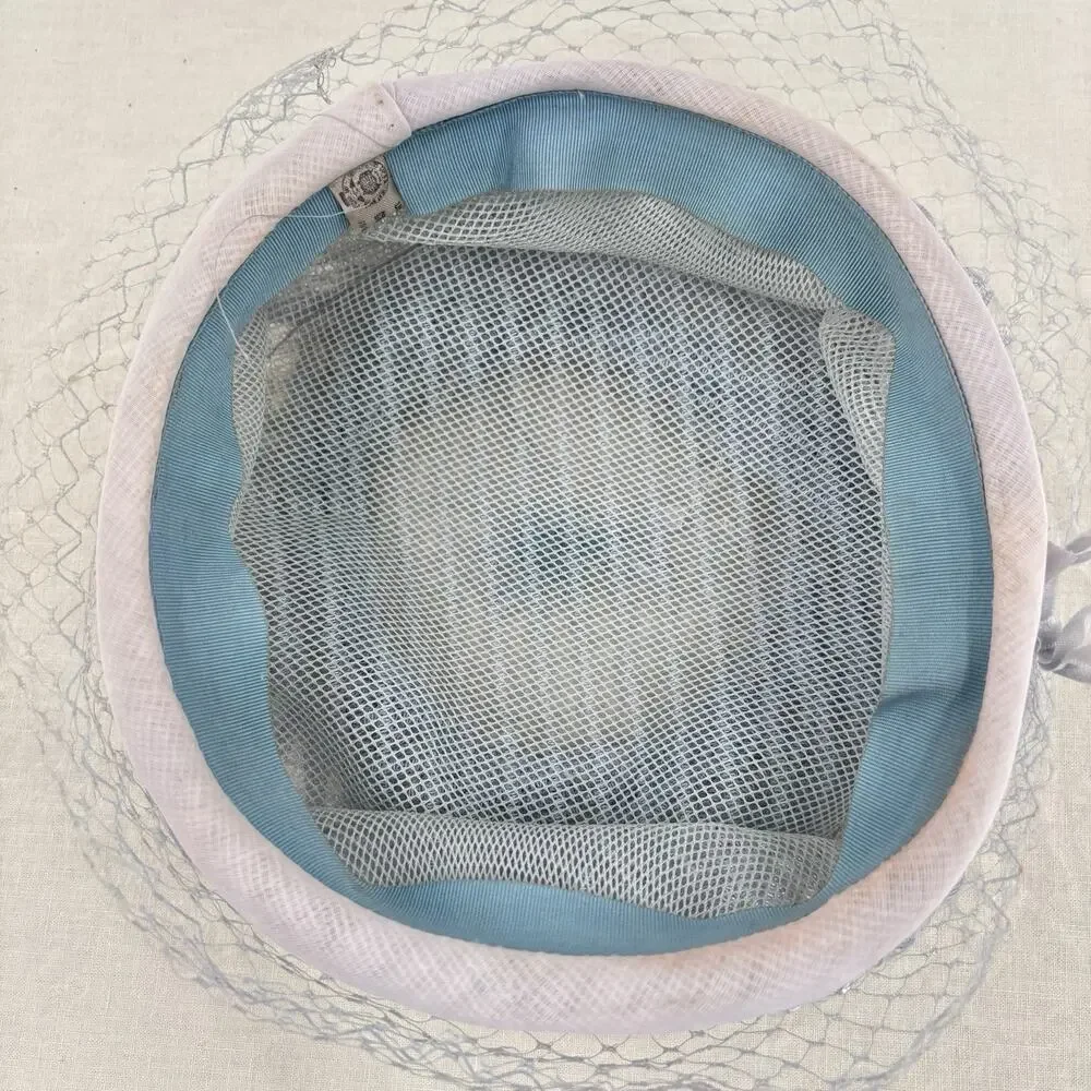 Vtg Pillbox Hat Birdcage Veil Blue Mesh Cocktail Church Wedding Fascinator